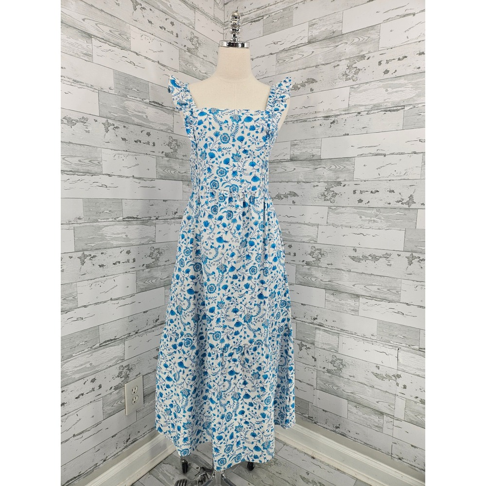 Draper James Blue White Floral Cotton Smocked Ruffle Midi Dress Pockets Size M